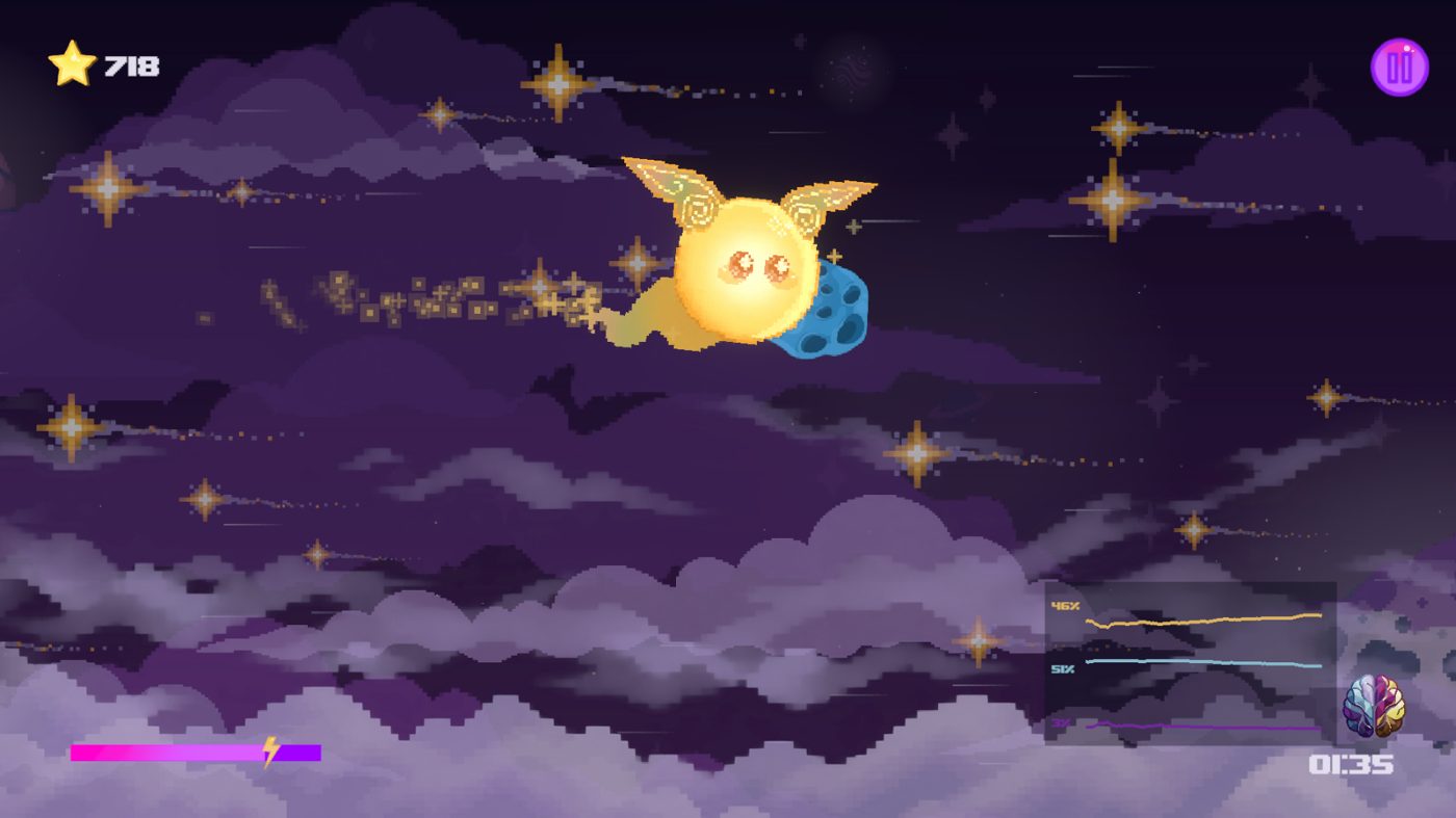 A glowing yellow character with small wings flies through a purple night sky full of stars, in the game AlphaRise.
